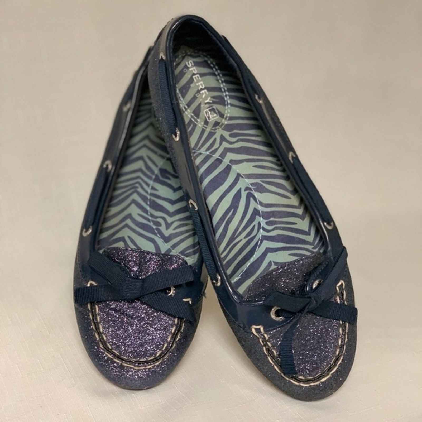 Sperry Shoes Women's 7 Top Sider Glitter Boat Flat Loafers Navy Blue Preppy